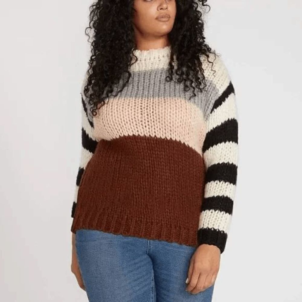 Volcom Women's Chunky Striped Classy Time Sweater Black White Brown Size 16W/16